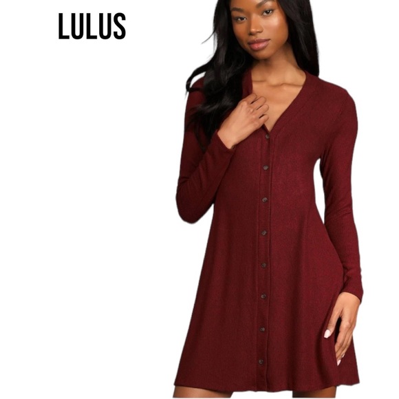 NWT Lulu's SWEET COMFORT BURGUNDY BUTTON-FRONT SWEATER DRESS Ruby Red XS - Picture 1 of 9
